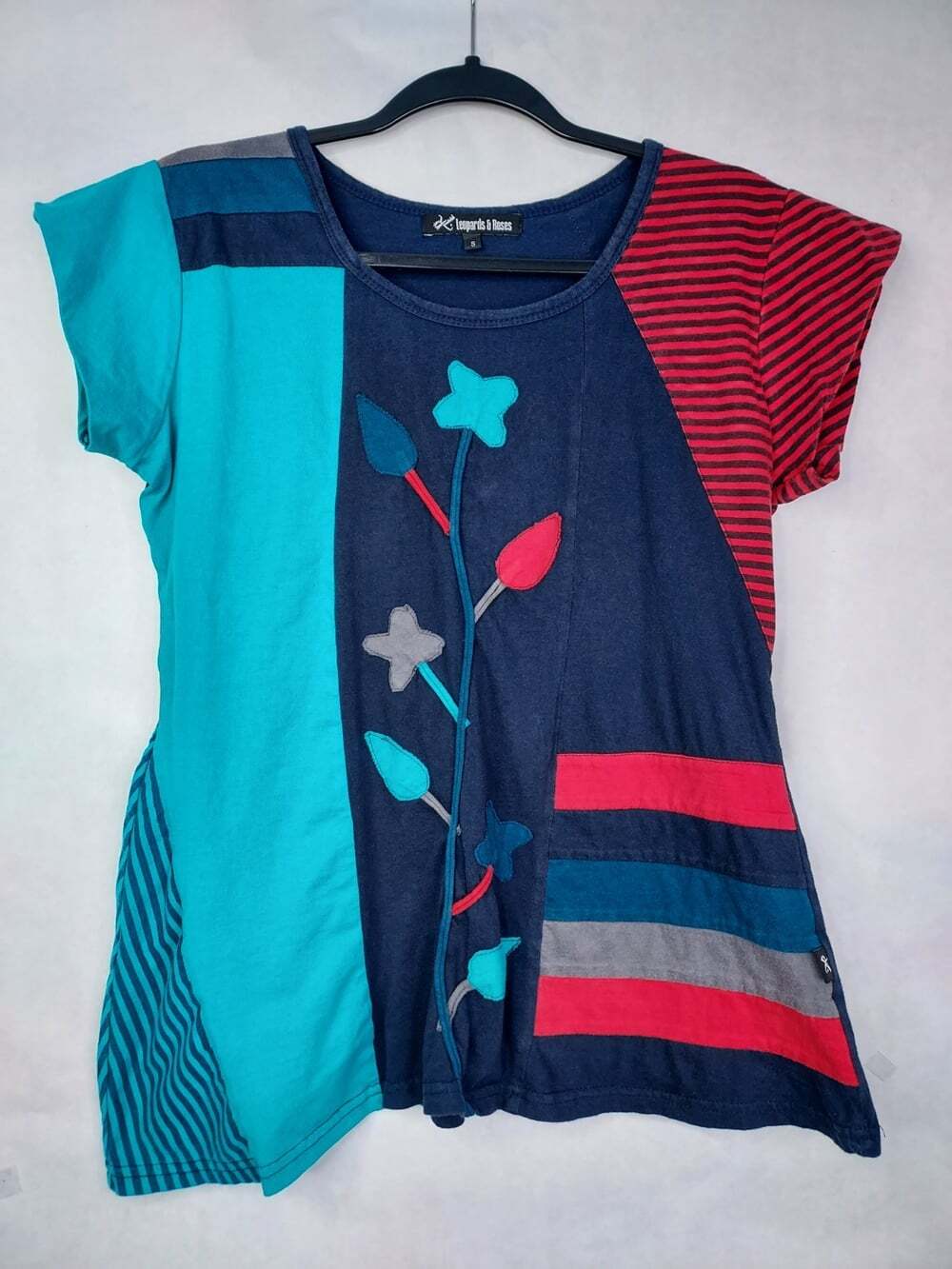 Leopards & Roses Stripe Patchwork Top Women S Applique Floral Cotton Boho Hippie